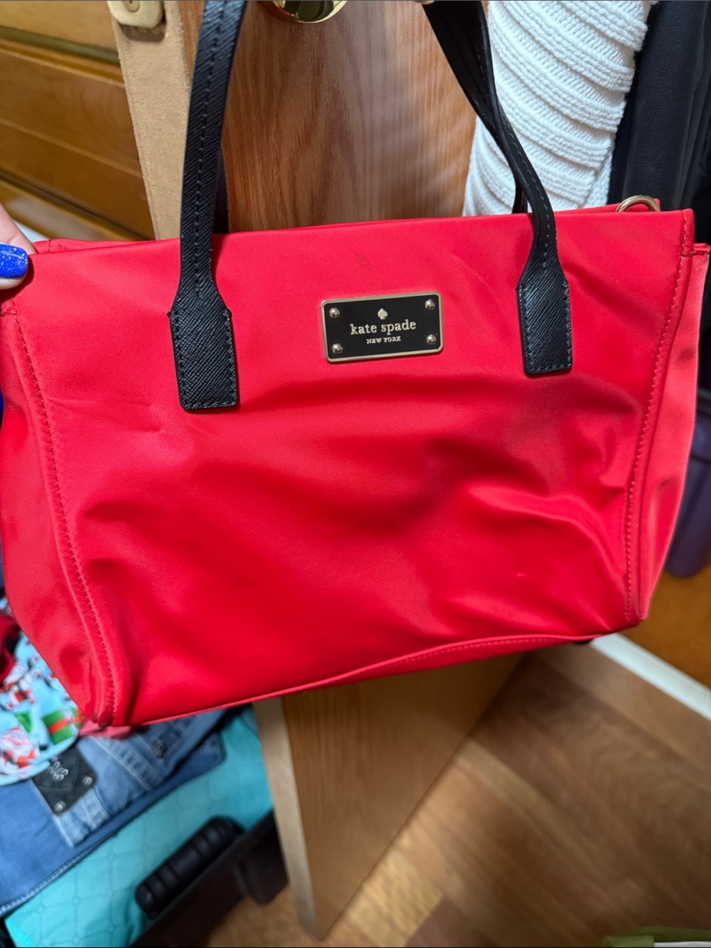 kate spade Red Nylon Tote with Black Handles and Logo Plaque